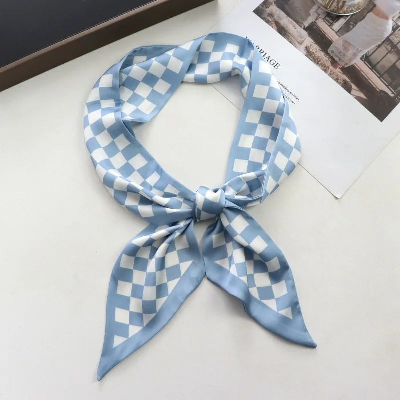 Frühling/Sommer Schachbrett Druck Band Hemd gepaart Schal für Frauen klassische dünne Halstuch dekorative Imitation Seide Stirnband – Detail 4