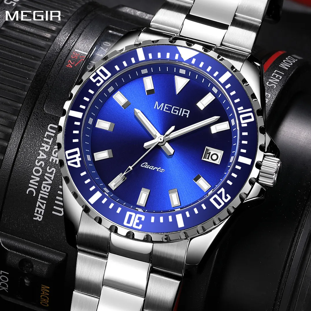 MEGIR Fashion Men Watches Luxury Stainless Steel Quartz Wristwatch Calendar Luminous Clock Large Dial Relogio Masculino 2064AG