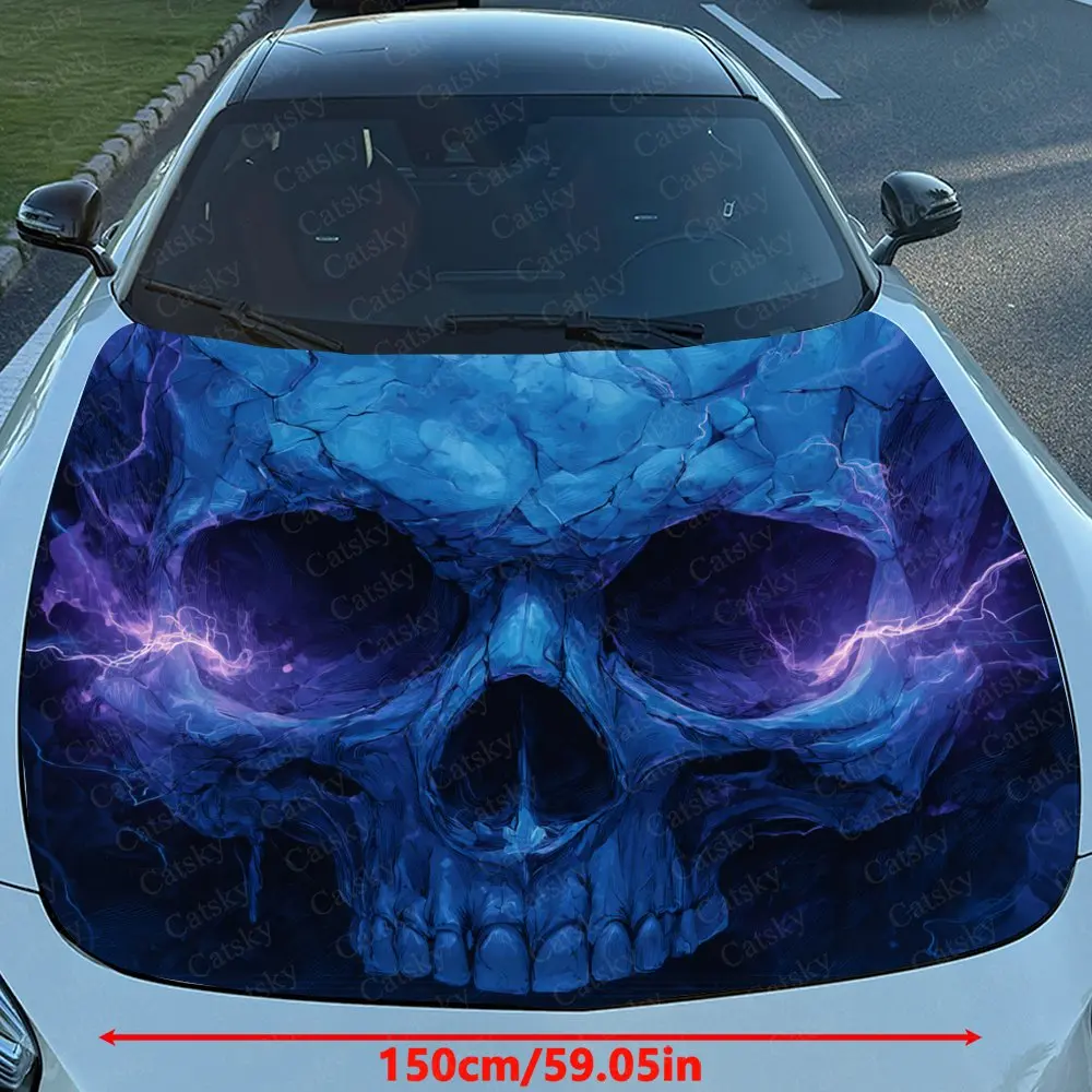 Purple Lightning Skull Car Hood Sticker, Premium Vinyl Sticker For Automotive Exterior Customization, Durable PVC Vinyl Wrap
