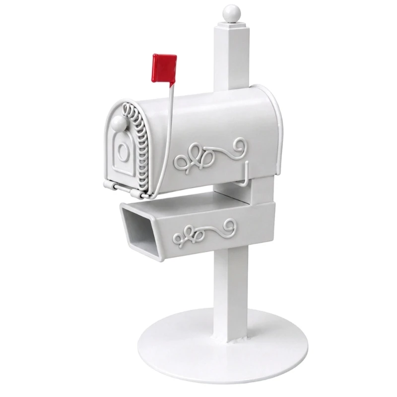 Miniature Model Mailbox Decoration, 1:12 Scale Metal Post Box with White European Styling, Side Marker and Scrollwork for Street