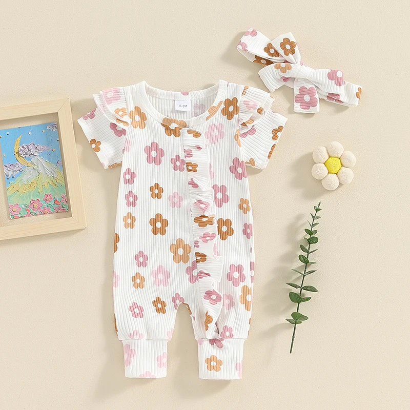 

Baby Girl Coming Home Outfit Newborn Summer Short Sleeve Floral Jumpsuit Ruffle Romper Zip Up Bodysuit Headband