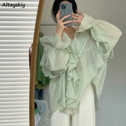 Blouse Women Ruffles Summer Transparent Tender Thin All-match Trendy Loose Casual Tops Outwear Sunscreen Attractive Ulzzang New