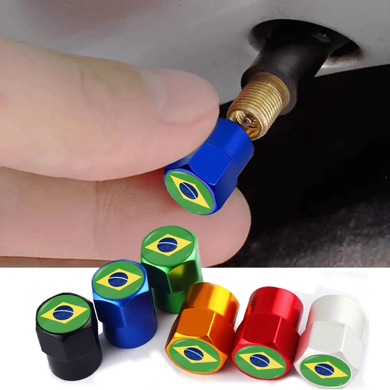 4pcs Car Wheel Valve Caps Brazil Flag Stickers Logo 30 countries Styling Metal Stem Cover Auto Parts Motorcycle Accessories