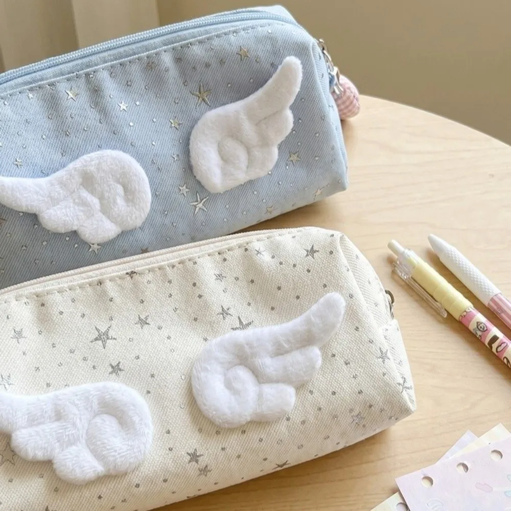 Ins Style Star Print Pencil Case With Wings Decor Large Capacity Pen Bag Stationery Pouch Gift