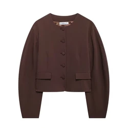 Willshela Women Fashion With Pockets Brown Single Breasted Jackets Vintage O-Neck Long Sleeves Female Chic Lady Outfits