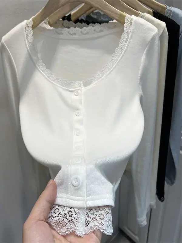 

Футболка больших размеров из модала Long Sve, женская модная кружевная круглая футболка Ne Base irt, внутренняя одежда, многослойный топ, милый весенний новый