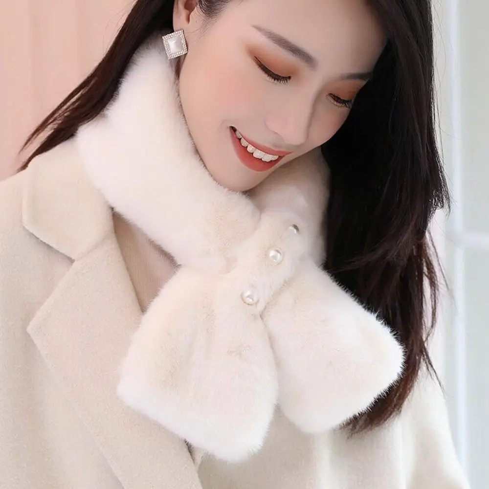 Korean Solid Double Sided Faux Rabbit Fur Thick Plush Shawl Female Winter Oudoor Windproof Pearl Cross Neck Guard Warm Scarf