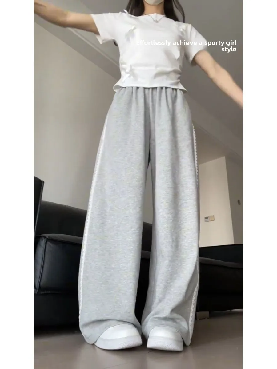 بنطلون أمريكي عالي الخصر وواسع الساق مزين بالدانتيل كاجوال بنطال رياضي مستقيم بطول الأرض للنساء #3