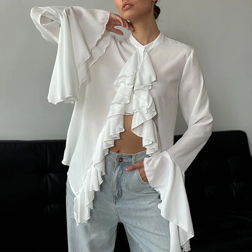 

See-through Ruffle Shirt Top Women's White O-Neck Long Sleeve Shirt Casual Single-Breasted Loose Patchwork Shirt Top