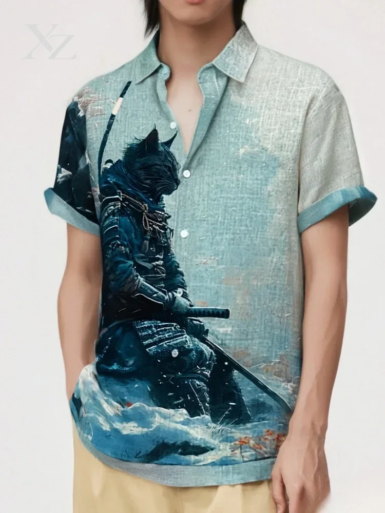 Men's Cat Samurai Art Print Short Sleeve Shirt Japanese Budo Style Vintage Retro Lapel Collar Holiday Outerwear Blouse 2025