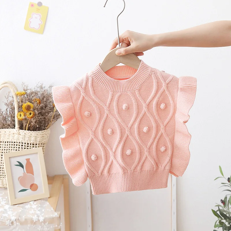 Spring Autumn Kids Knitted Vest Girls Knitted Ruffles Vests Sleeveless Pullovers Korean Style Stripes Toddler Waistcoats FY10061