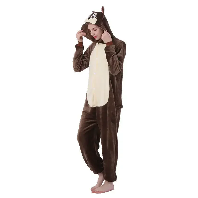 Adults Pajamas Women Flannel Sleepwear Unisex Cute Squirrel Cartoon Animal Pajama Set Hooded Pyjamas Kigurumi