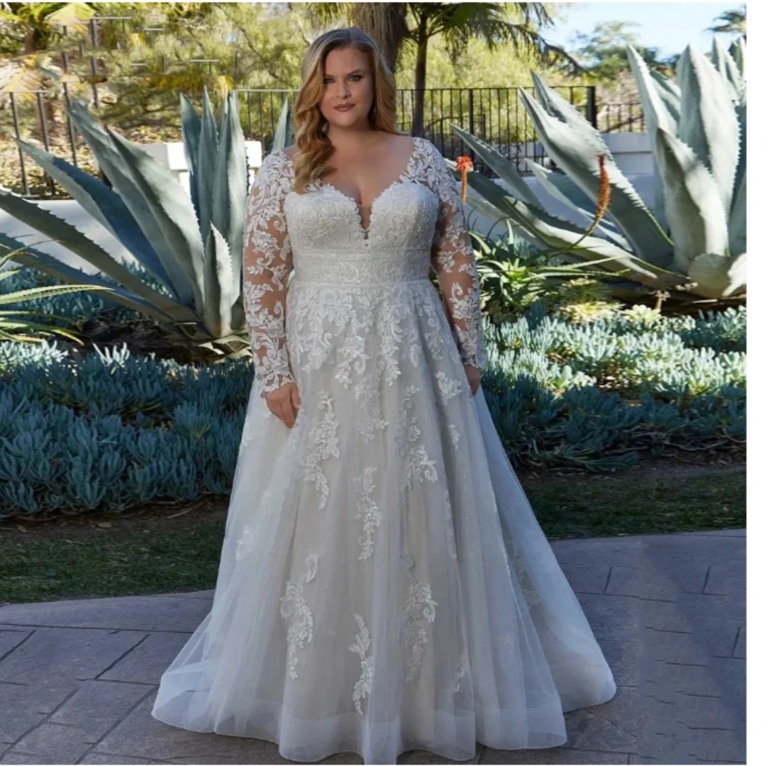 Robes de mariée A-ligne à col en V, grande taille, manches longues, mariée, quelle que soit la dentelle appliquée, dos nu, balayage, train, tulle, 2024