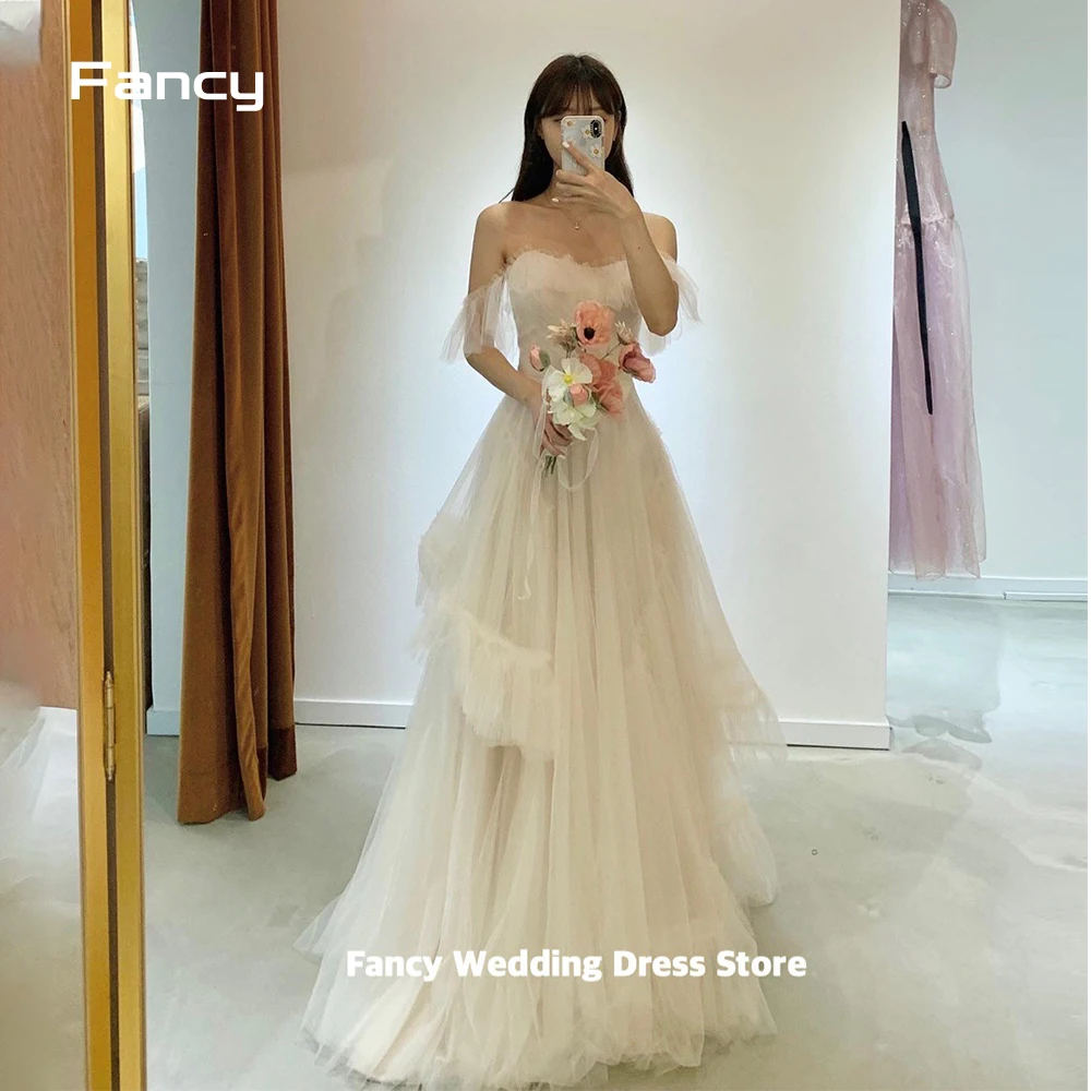 

Fancy Fairy Off Shoulder Korea Wedding Dress Photo Shoot A Line Short Sleeve Bridal Gown Soft Tulle Evening Party Dresses