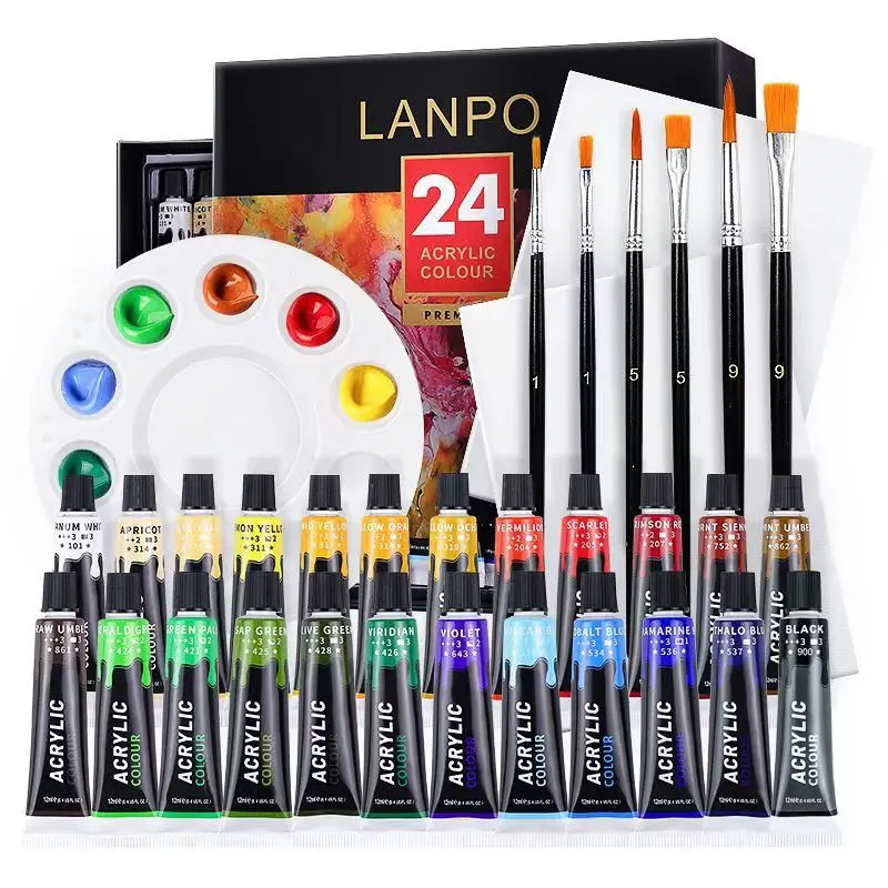 Acrylic Paints Set 12/24 Colors Brush Set 12ml Tubes Watercolor Artist Drawing Painting Pigment Hand Painted DIY