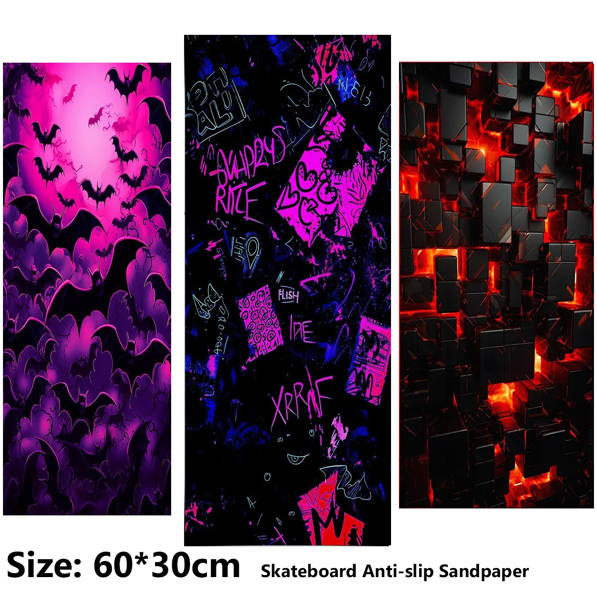 Electric Scooter Anti-slip Sticker Sandpaper Skateboard GripTape Sheet 60*30cm Special-shaped Square with Dark Bat Pattern