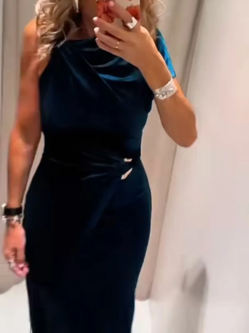 Elegantes One-Shoulder-Party-langes, schmales Kleid für Frauen, Herbst, neue Mode, Damen-Samt, Rundhalsausschnitt, asymmetrische Ärmel, Midikleid