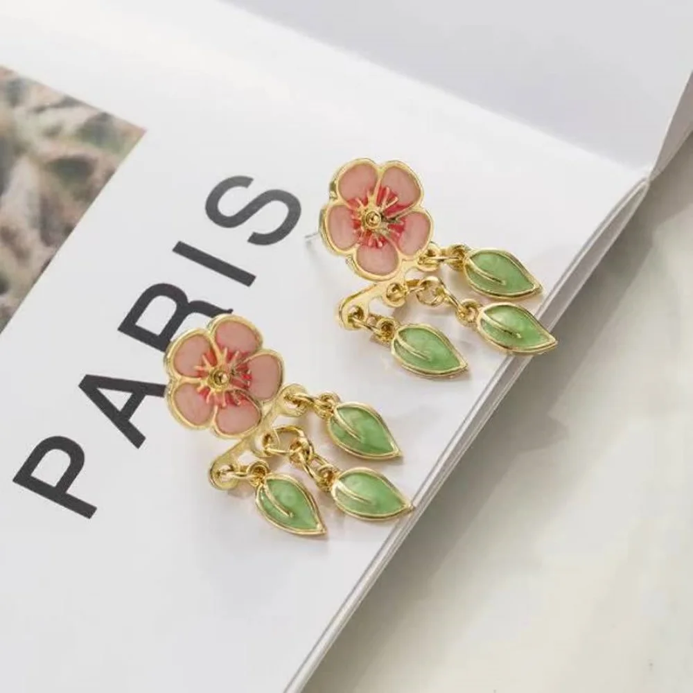 1 pair of fashionable and exquisite enamel colorful flowers leaf front and back earrings niche design flower Earring Jacket wome