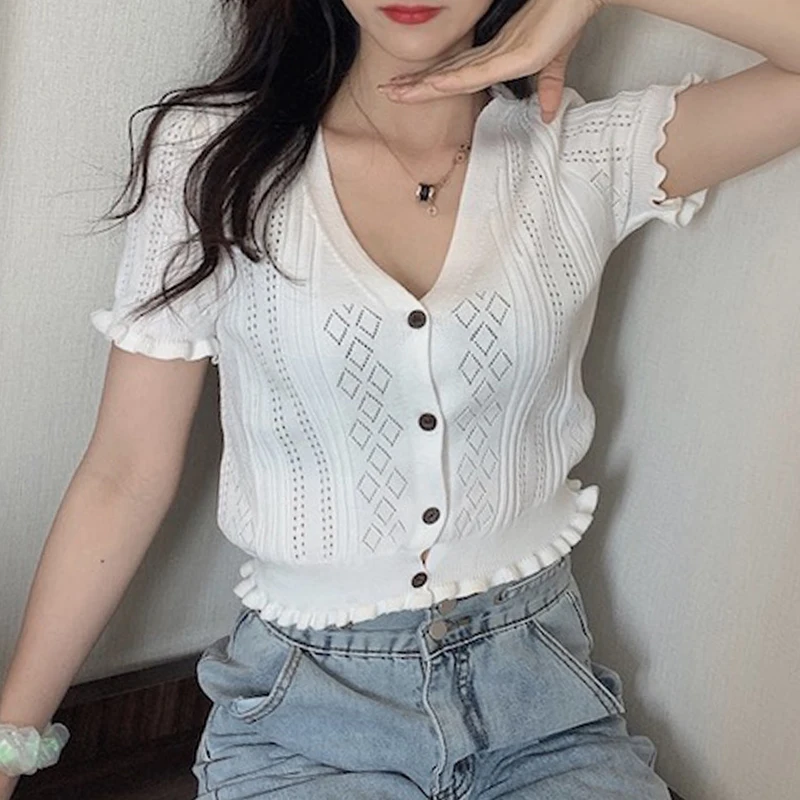 Button Up Frilly Knit Crop Top Short Sleeve Cardigan Tops Summer Women Teen-girl Y2K Aesthetic Outfit