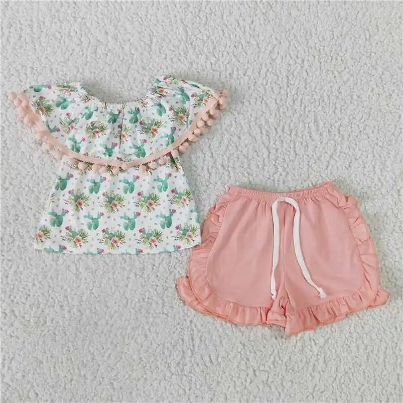 Wholesale Girls Summer Short-Sleeved Suit Multi-Element Embroidery Pattern Beach Series Bright Color Ruffle