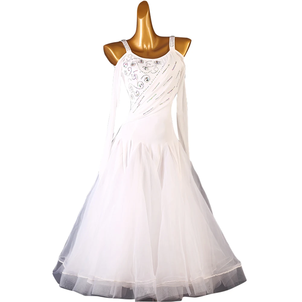 فستان الفالس الأزرق الملكي 2026 جديد عالي الجودة بأكمام طويلة حبال أداء المرأة زي فتاة الإستعراض ساحة الرقص الأبيض