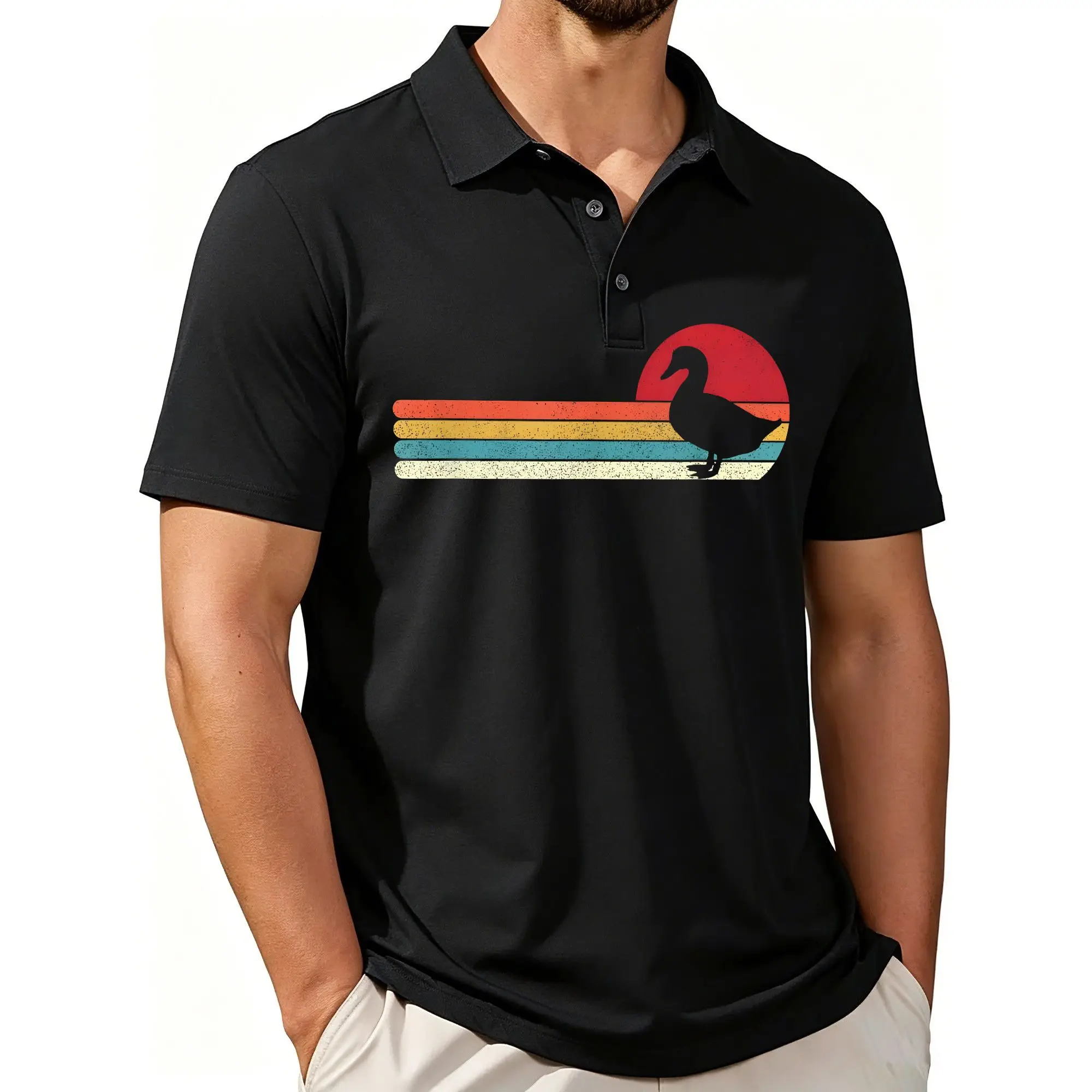 Men's Printed Short-Sleeved Polo Shirt with Retro Nostalgic Duck Lover Motif, Stylish and Casual Fit, Breathable Fabric, Suitable for All Seasons.