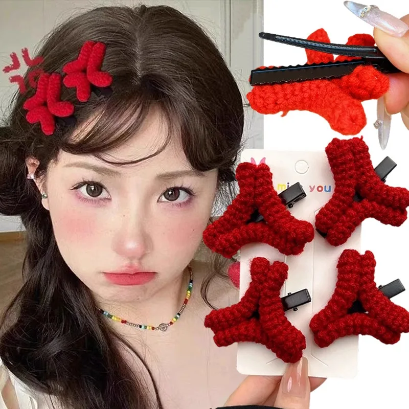 

2pcs Knitted Hairpin Angry Expression Duck BB Clip Red Head Side Hair Clip for Women Girls Headwears Hairpins Accessories 머리핀