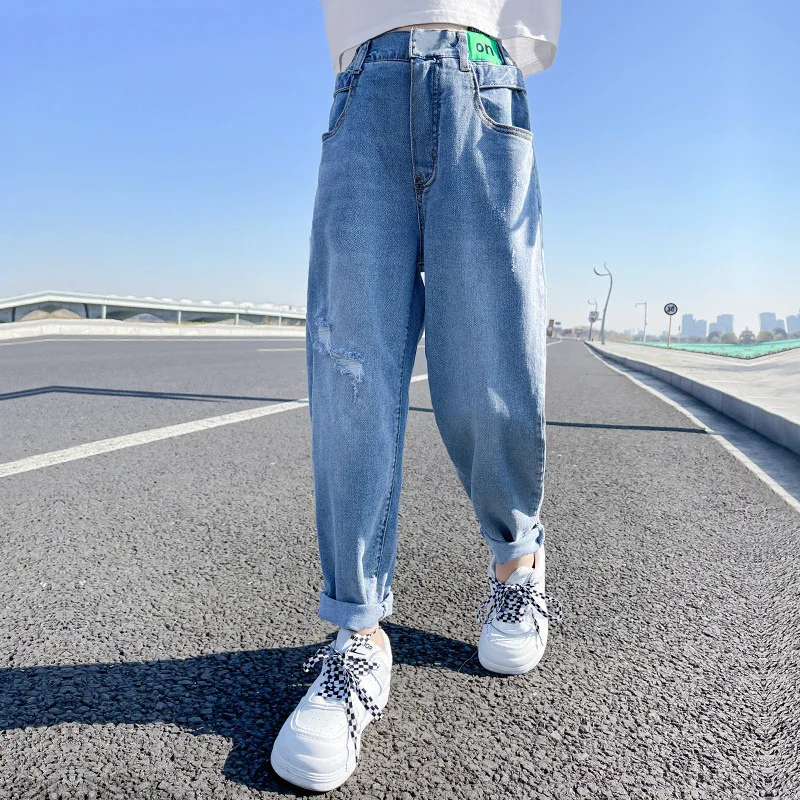 New Spring Summer Teenager Girls Jeans Children Broken Hole Pants Kids Denim Trousers Boot Cut Stretch Trend 6 8 10 12 14 Years