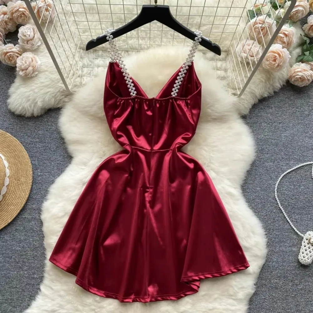 サテンの空中ブランコドレス,ハイウエスト,エレガント,Vネック,真珠のストラップ,裸の背中,スリム,パーティー,休暇,ビーズ,夏服