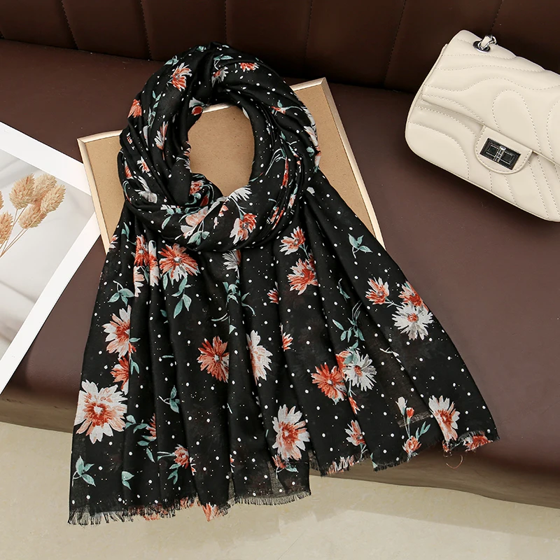 Hot Selling Imitation Silk Women Scarf New Style Flowers Sprinkled With Gold Temperament Travel Sunscreen Shawl