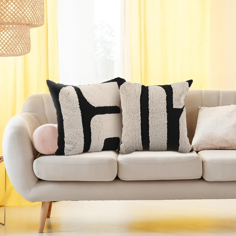 أغطية وسائد معنقدة مكتنزة باللونين الأبيض والأسود، أغطية وسائد مزخرفة هندسية بوهو، نمط تجريدي مقاس 18 × 18 بوصة #6