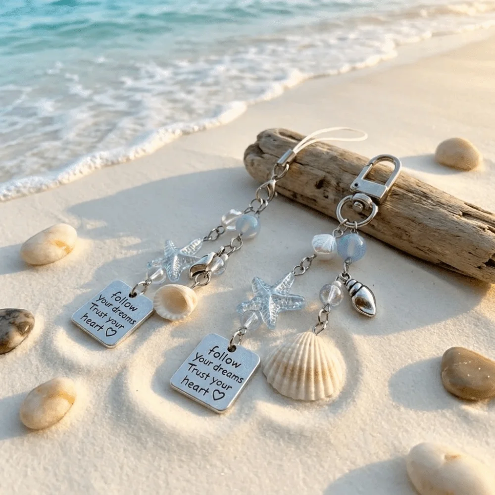 Acrylic Bead Charm Keychain Starfish Pearl Phone Lanyard Translucent Originality Blue Inspirational Quote Backpack Pendant