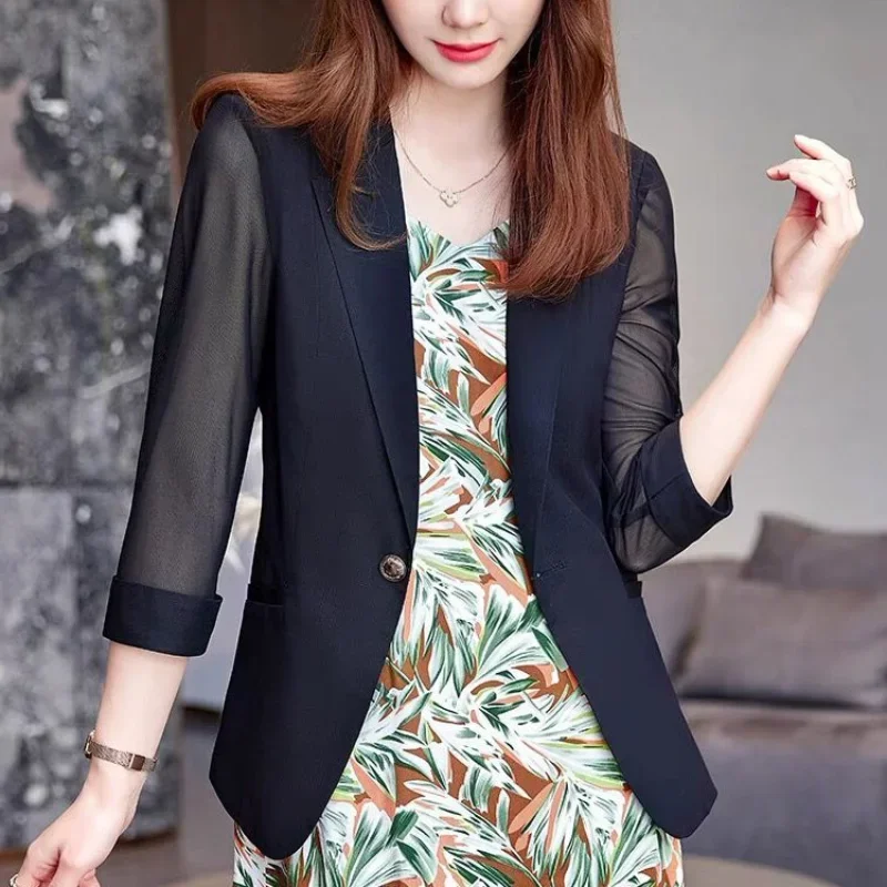 Solid Color Blazer 2025 New Summer Fashion Premium Temperament Mesh Slim Oversize Three Quarter Sunscreen Casual Casual