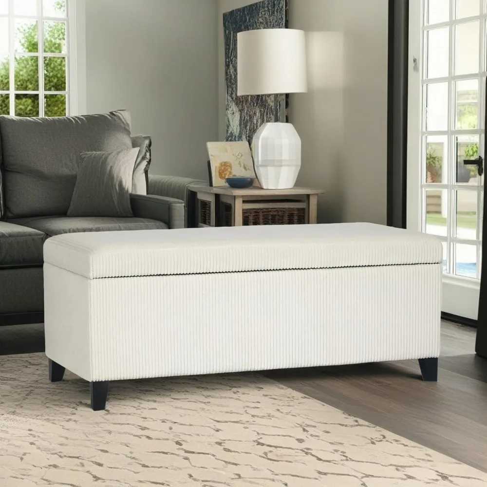 Banco otomano de armazenamento em tecido de veludo bege, retangular de 42 polegadas, com parte superior elevatória para sala de estar