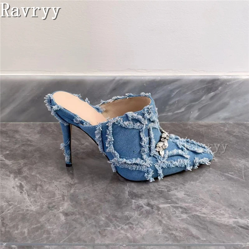 Pantofole con strass in Denim a punta sandali da donna di grandi dimensioni con tacco alto sottile Sexy e alla moda