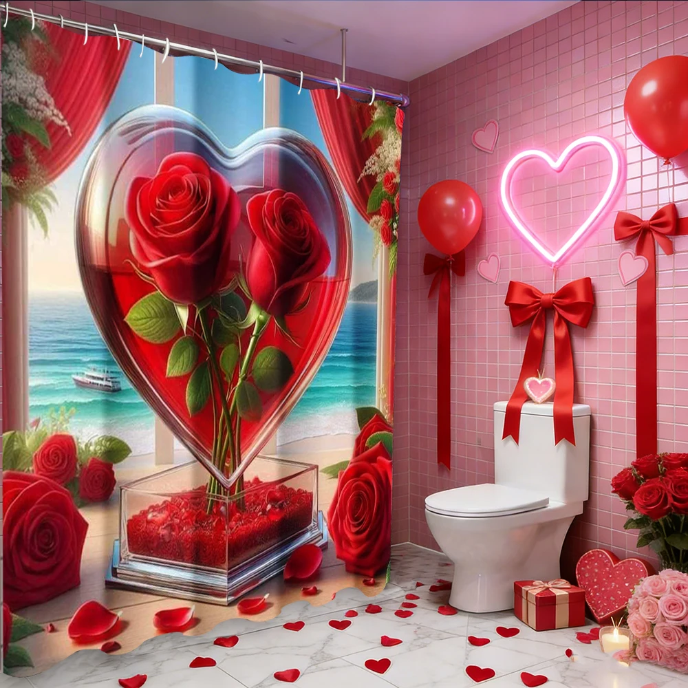 

Valentine's Day Love Heart Rose shower curtain, bathroom shower waterproof curtain with 12 hooks, fish shaped home decoration