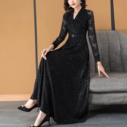 Black Spring And Autumn Long Sleeve Dress Women's Long Fashion Autumn 2024 New Lace V-neck Elegant and Comfortable Long Dress