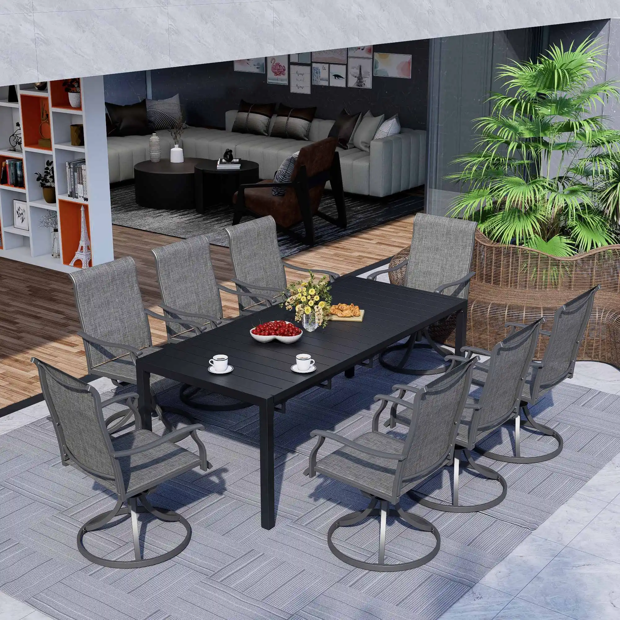 

BIGGET 9PCS Patio Dining Set Extendable Metal Table & 8pcs 360° Swivel Textilene Chairs All-Weather Furniture for Patio Garden