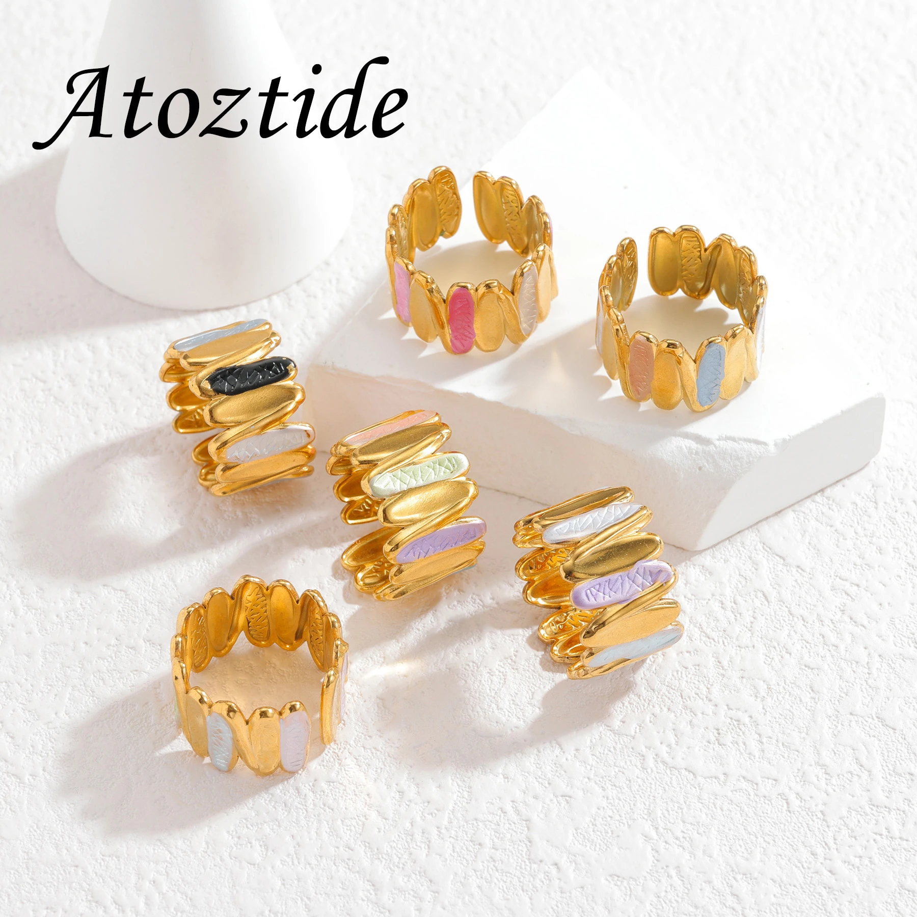 Atoztide موضة غير النظامية الملونة النفط نازف الدائري للنساء الفولاذ المقاوم للصدأ ضبط بيان حلقة مفتوحة زوجين مجوهرات هدية