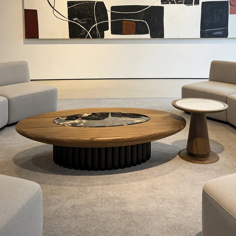 

-aa Sintered Stone Wood Veneer Striped Two-Level Coffee Table Set Creative Designer Scandinavian Minimalist Low Table Furniture