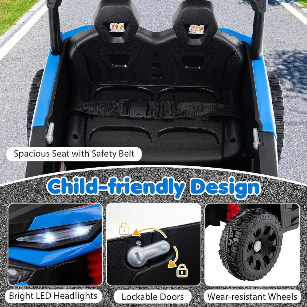 Samochód UTV dla dzieci Costzon z odłączanym przyczepką, elektryczny pojazd zasilany akumulatorem 12V z pilotem, 3 prędkości, niebieski