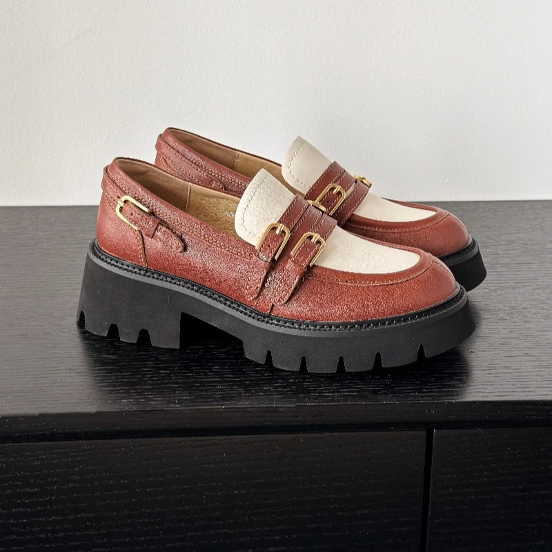 Fashion Women Casual Leather Shoes Genuine Leather Thick-sole Height-increasing Platform Loafers Trendy Slip-on Party Shoes