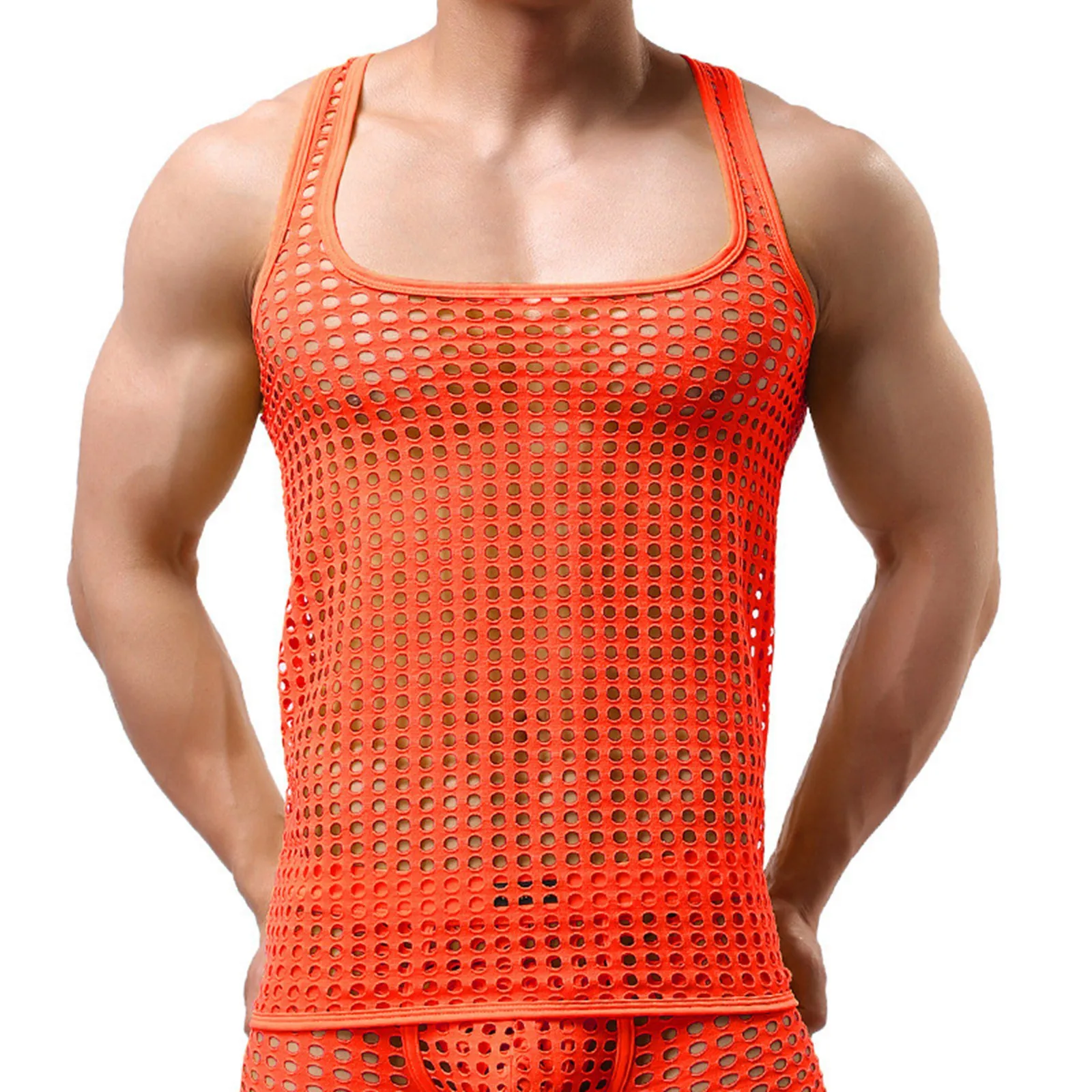 Men Mesh See-Through Sleepwear Tank Vest Tops Undershirt Fish Net Pure Color Hollow Out Sexy Underwear