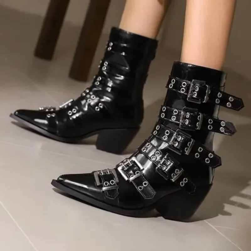 2024 Women\'s Fashion Pointed Punk Style Belt Buckle Pullback Short Boots European and American Sexy Nightclub Banquet Boots