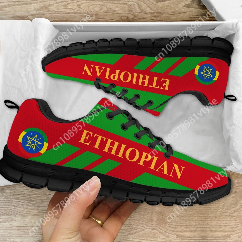 Custom Made Ethiopian Flag Print Women's Lace-up Flat Shoes Autumn Comfort Sneakers Lady Lightweight Casual Walking Tennis 2023