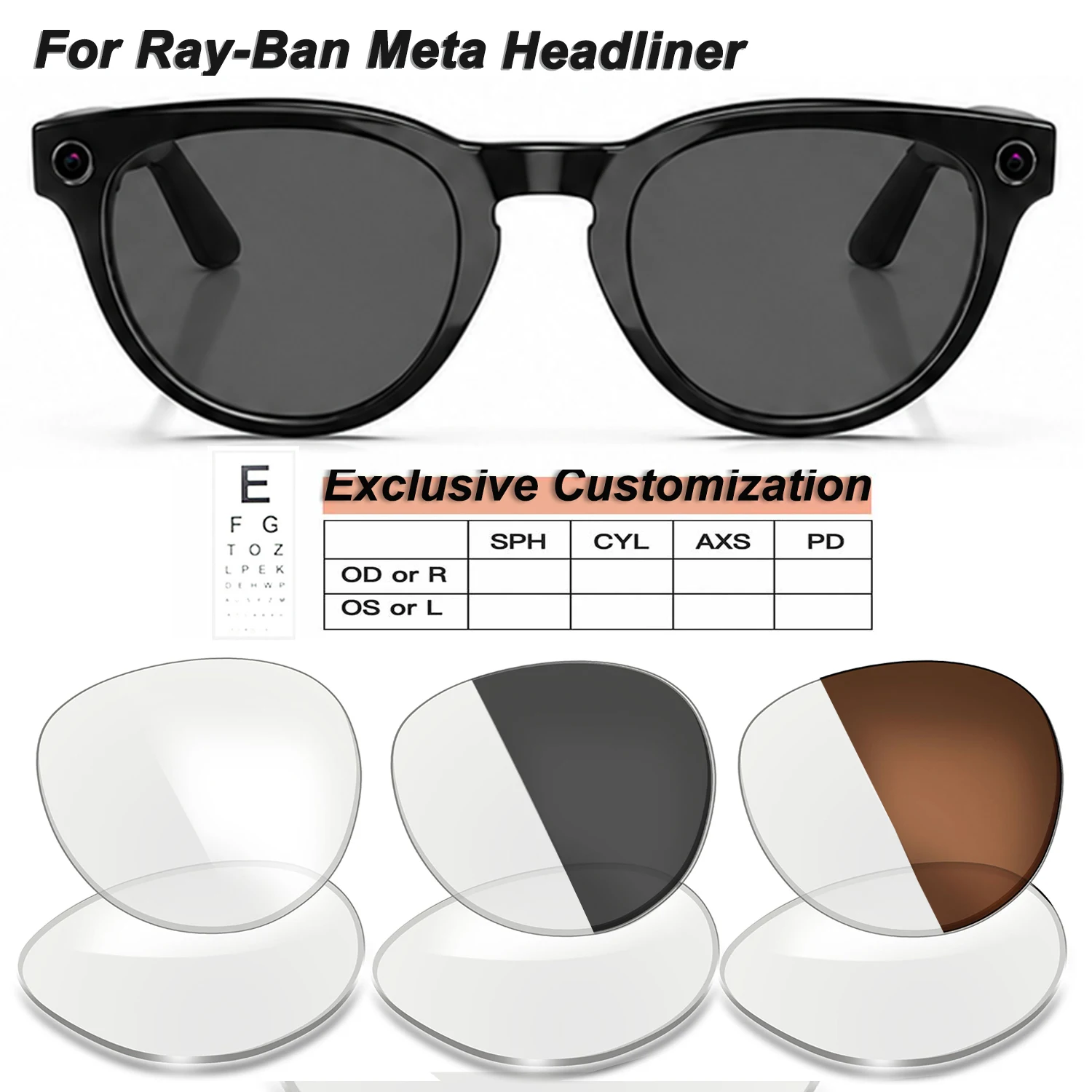 Replacement Lenses For Ray-Ban Meta Headliner Gen1&2 Myopia Anti-blue Photochromic Custom AI Smart Glasses Prescription Lens