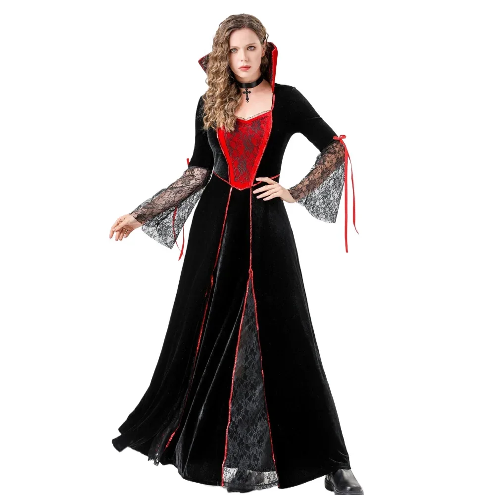 

Legs Adult Women Vampire Costumes Halloween Costume with Plus Size Ghost Cosplay Queen Medieval Court Dress