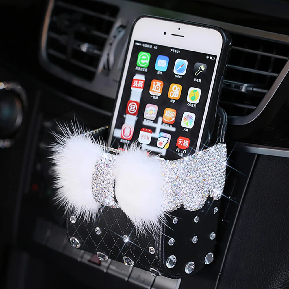 New Crystal Bowknot Car Storage Box Air Outlet Vent Storage Bag Holder Organizer Phone Package Bling Car Accessories for Women