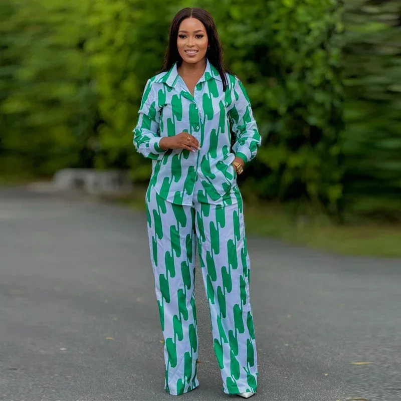 African Fashion Stripe Two Piece Set Women Spring Autumn Casual Button Long Sleeved Shirt Wide Leg Pants Two Piece Set Women