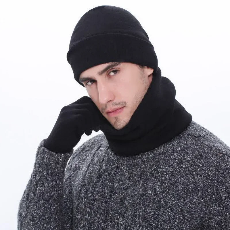 Fashion Thickened Knitted Hat Neck Scarf Glove for Men Autumn Winter Cold Protection Warm Three Piece Set Clothing Accessories